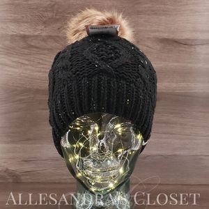 Chaos Hat Beanie Black Cable Knit Polar Lined Faux Fur Pom Colorful Cottagecore